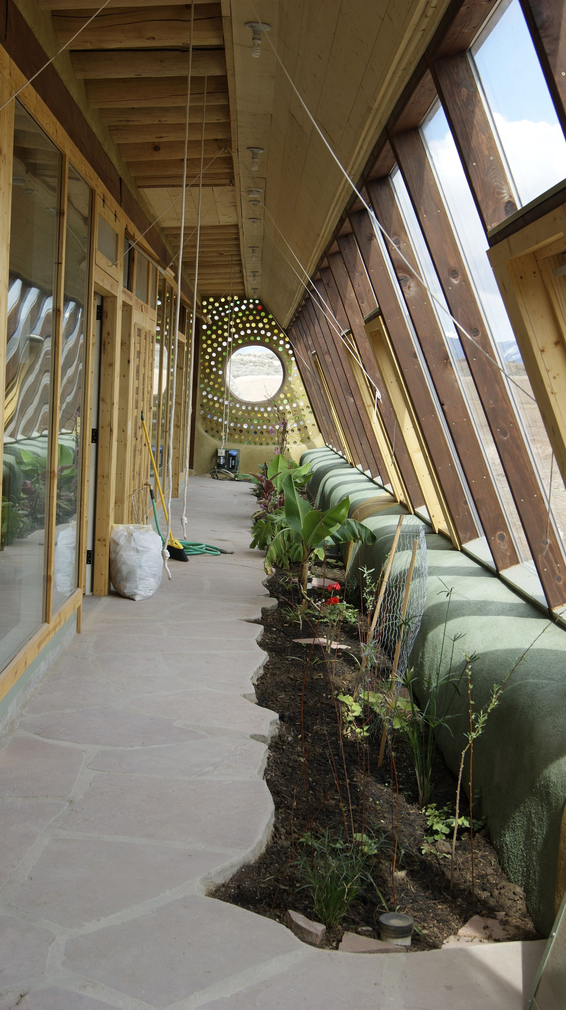 A long hallway with a lot of windows and plants in it.