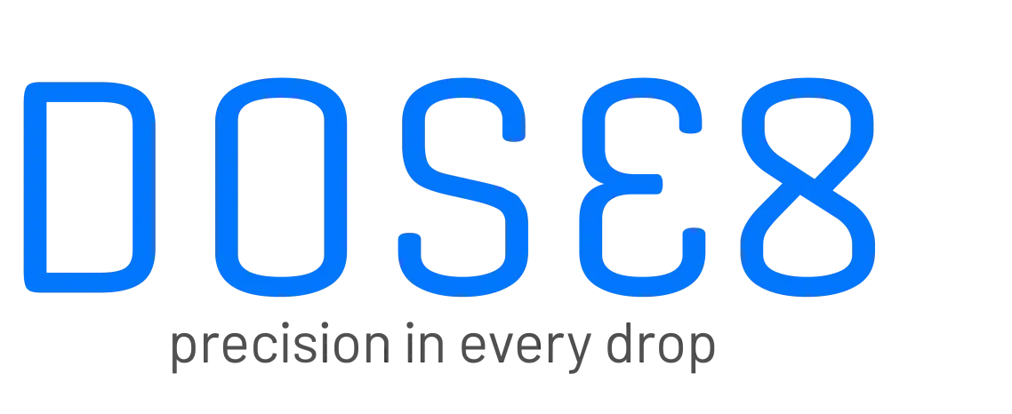 The logo for dose8 precision in every drop is blue and white.