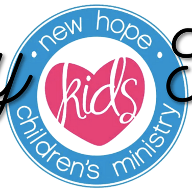 Logo for New Hope Kids children's ministry featuring blue text, a pink heart, and the words