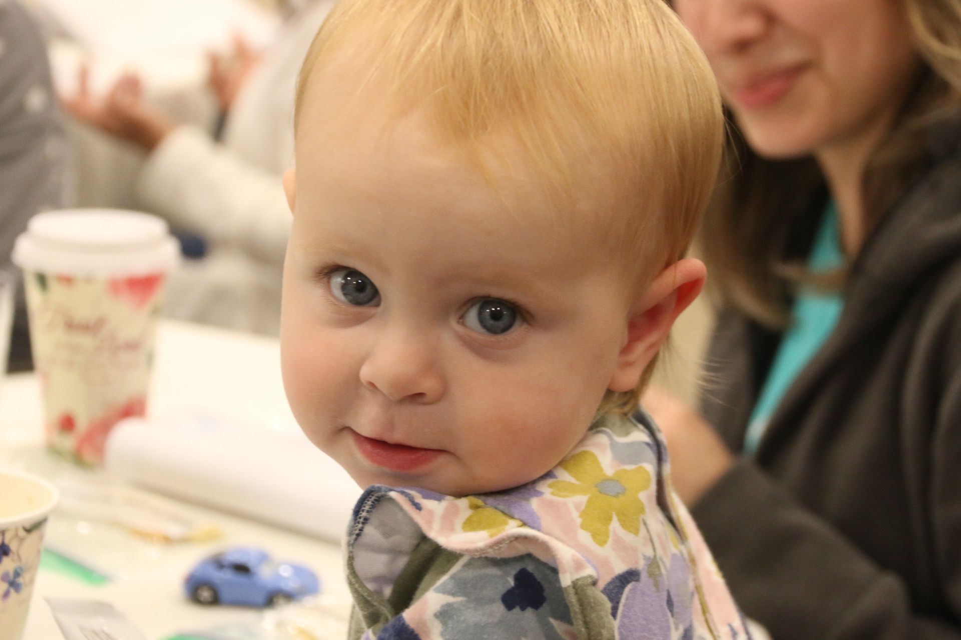 A baby is sitting at a table wearing a bib and looking at the camera.
