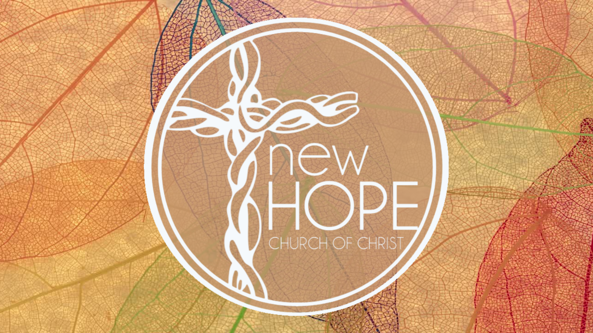 A logo for new hope church of gifts with leaves in the background.