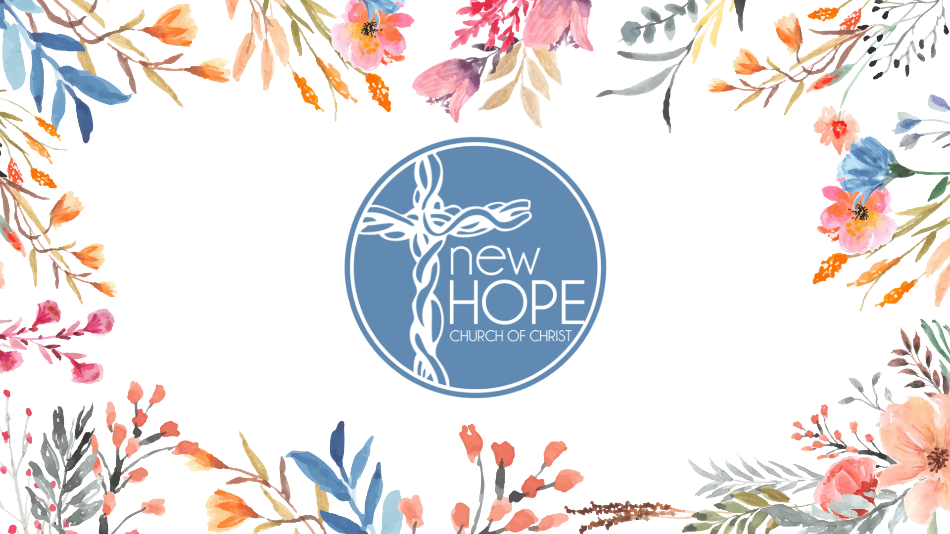 The logo for new hope church is surrounded by flowers and leaves.