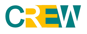 The word crew is written in green and yellow on a white background.