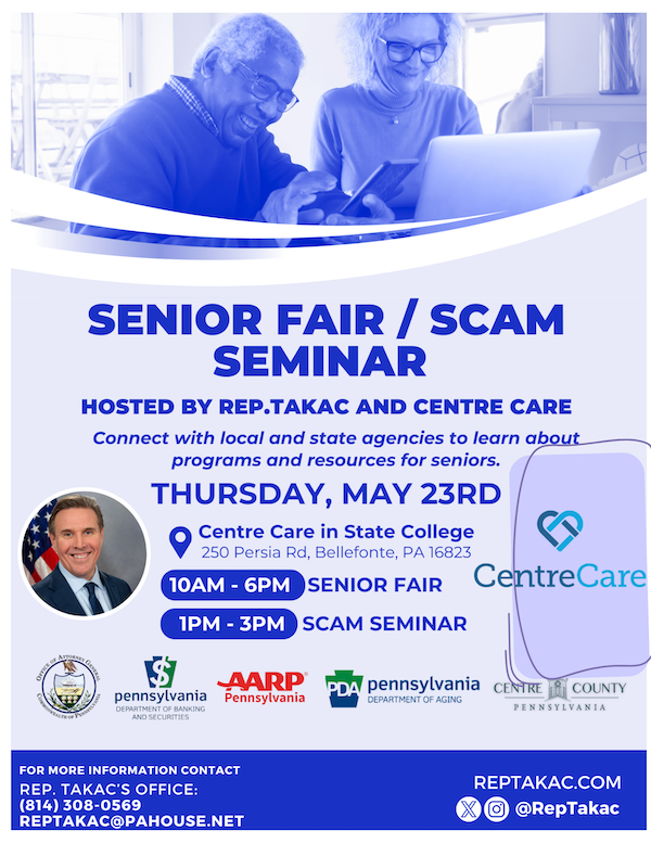 Senior Fair and Scam Seminar on Thursday, May 23. Senior Fair is 10 a.m. to 6 p.m.; scam seminar is 1-3 p.m.