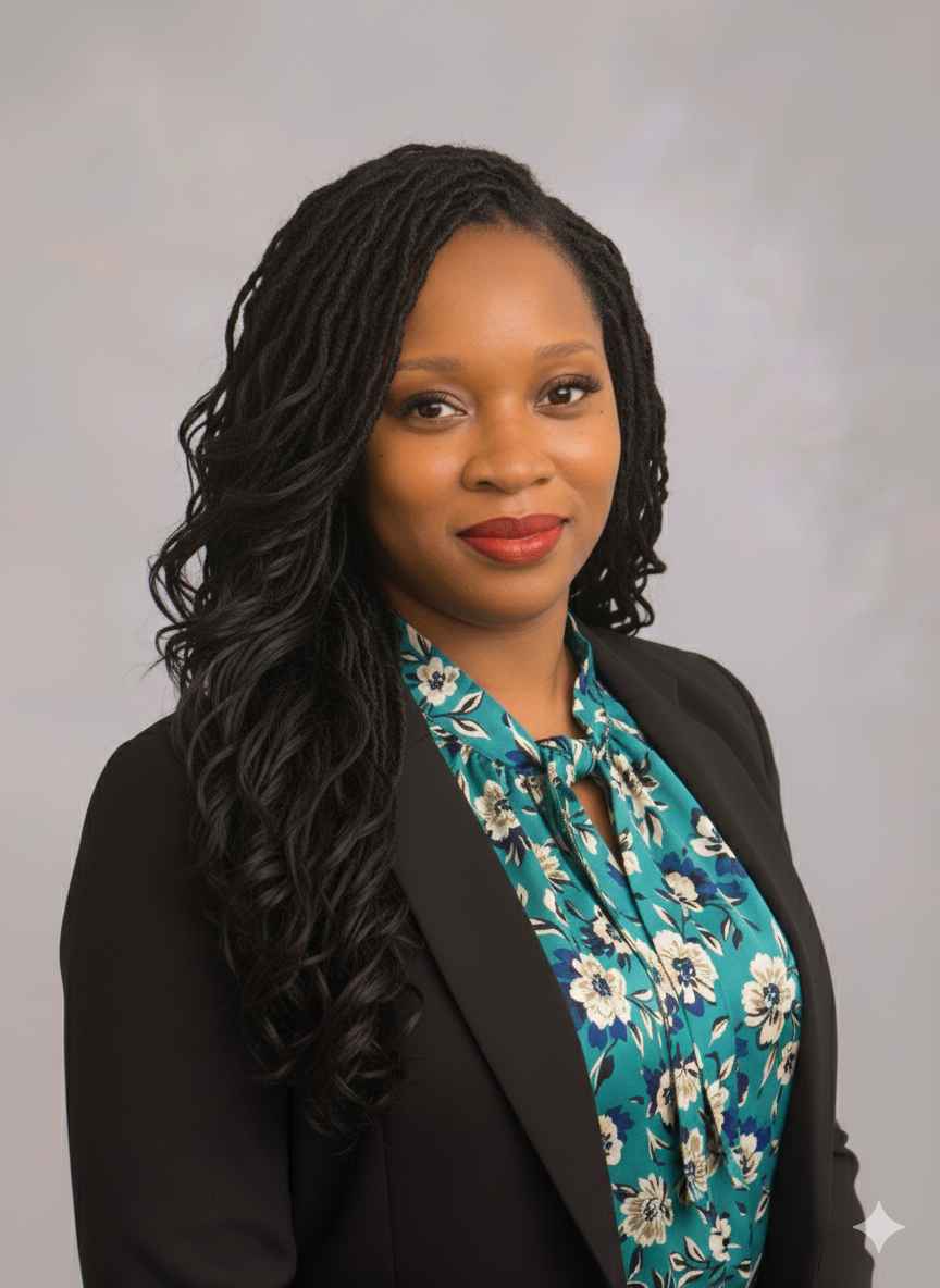 A woman is sitting at a desk with a laptop and a vase of flowers.