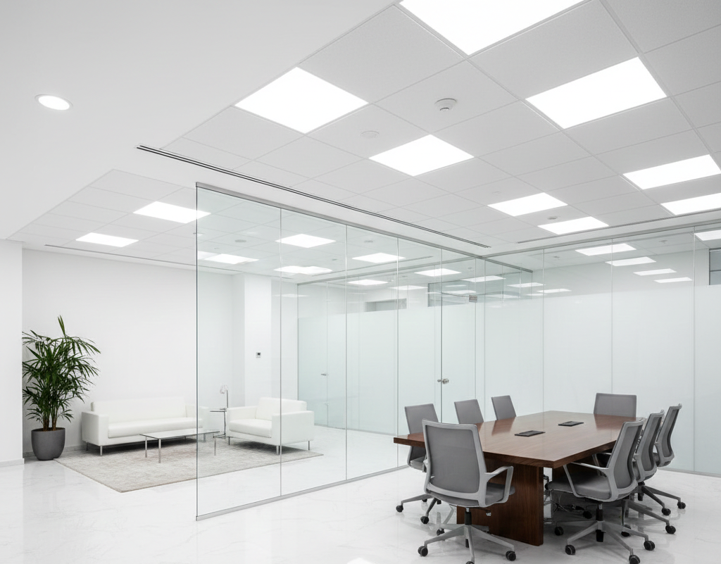 Modern office interior with conference table, chairs, glass walls, and bright overhead lights.