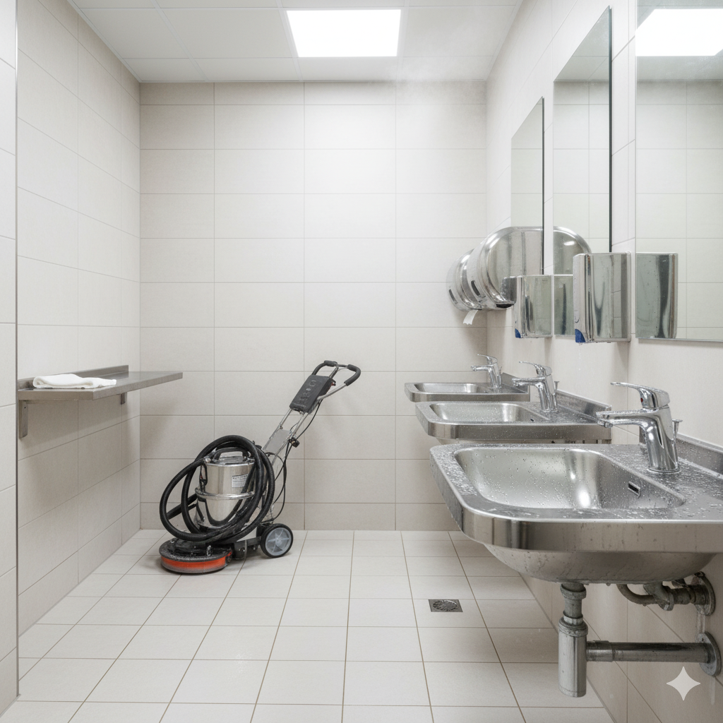 Clean restroom with floor cleaning machine. Stainless steel sinks and mirrors. White tile walls and floor.