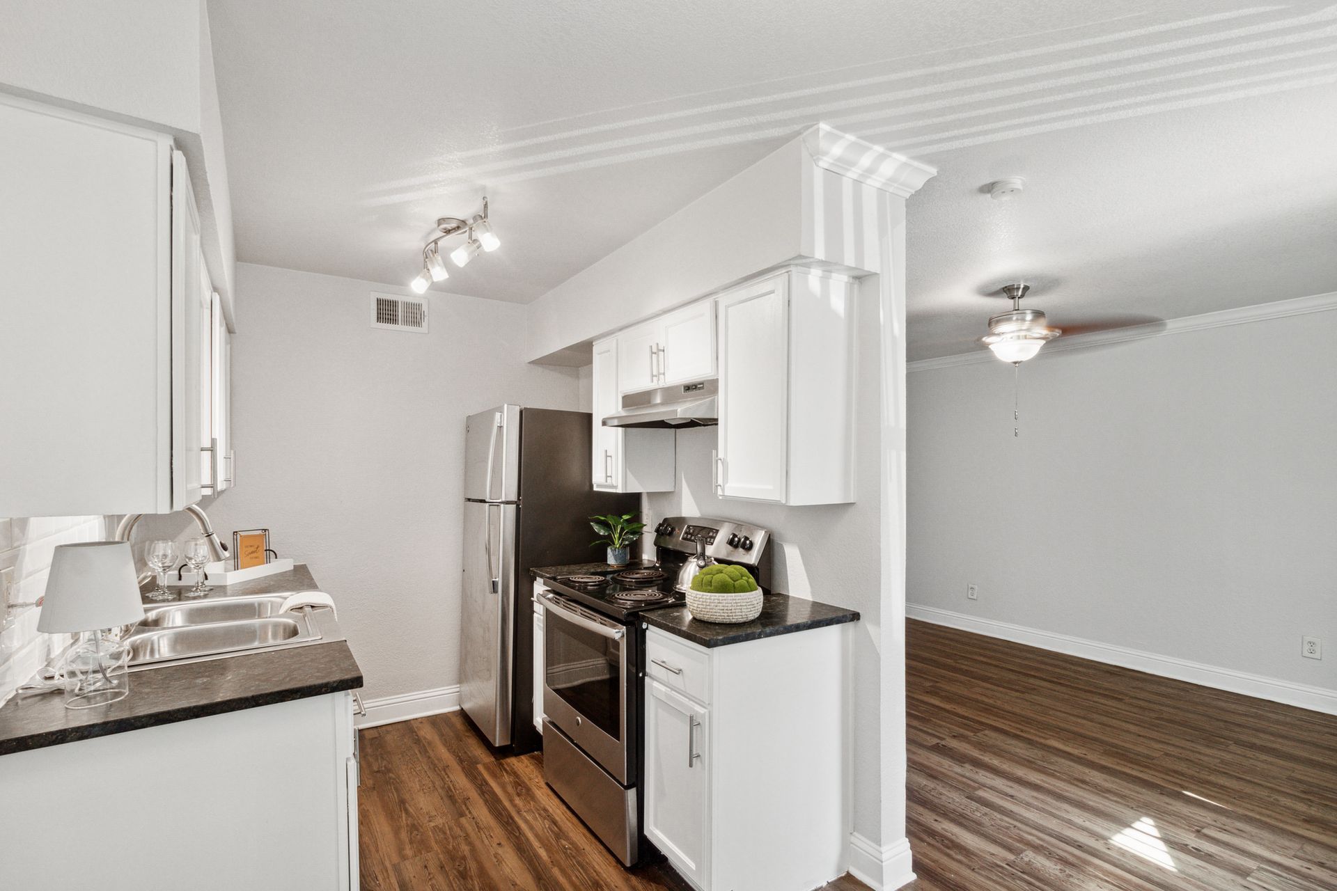 Photo of the kitchen, with the living room in the background