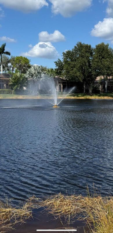 Fountain spraying in a blue pond with trees and clouds in the background
