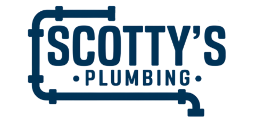 Logo for Scotty's Plumbing: dark blue pipe above dark blue text that reads 