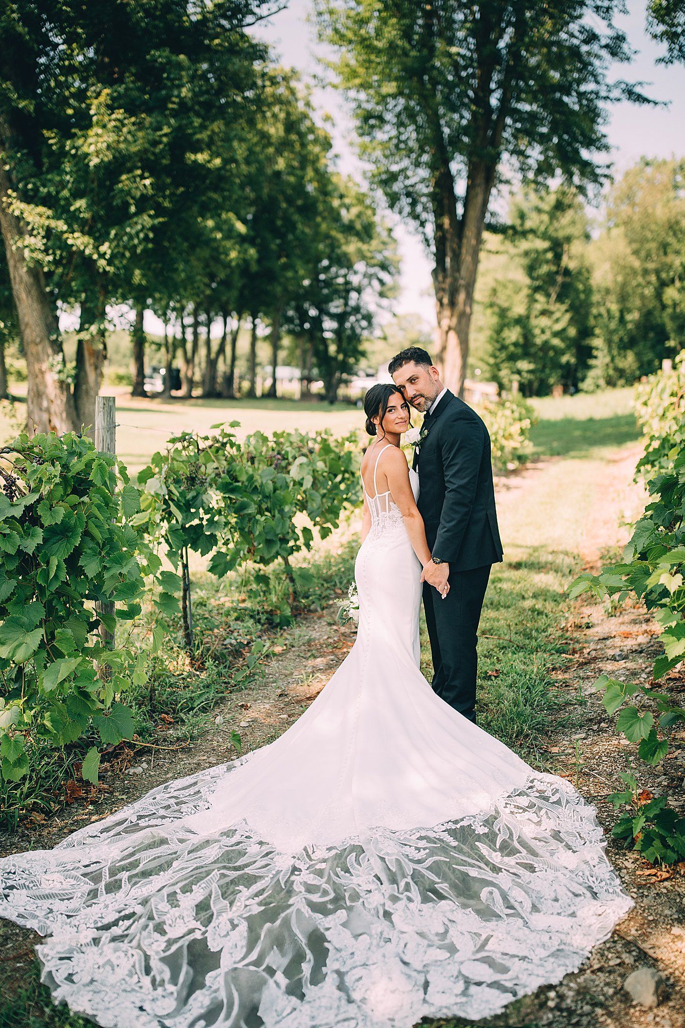 Newlyweds pose in vineyard, bride in white gown, groom in black suit, holding hands.