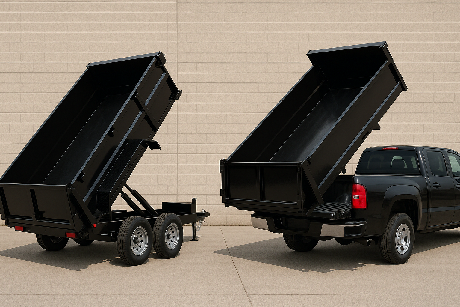 Blue Ford F-Series pickup truck with tilted bed unloading rocks at a construction site.