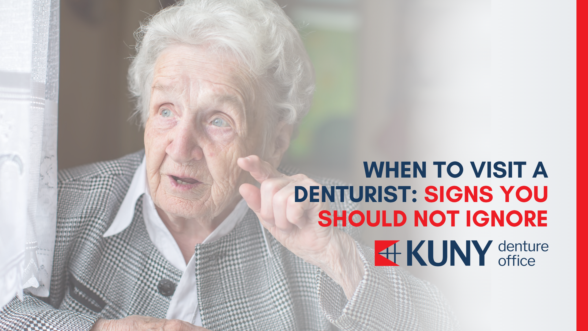 An elderly woman is looking out of a window and talking to a dentist.