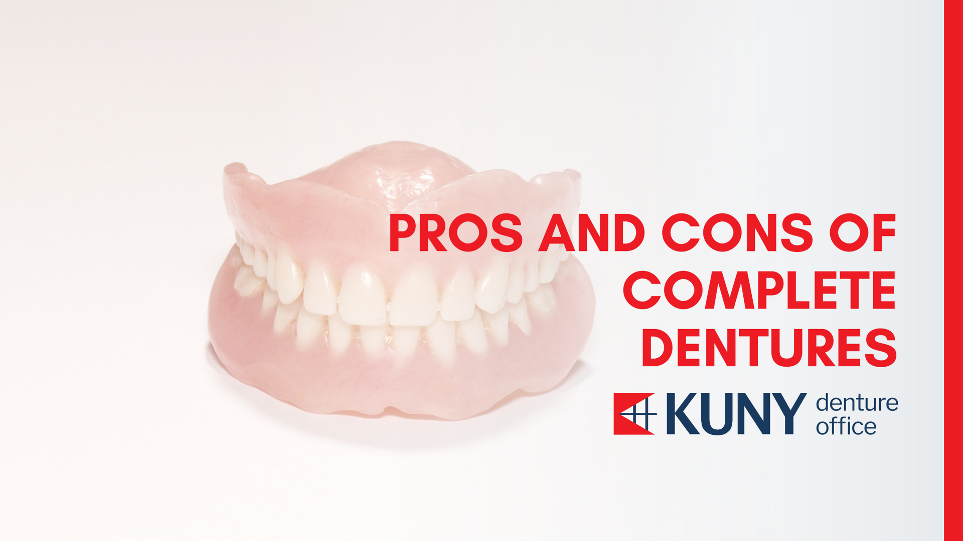 a picture of a denture with the words pros and cons of complete dentures on it .
