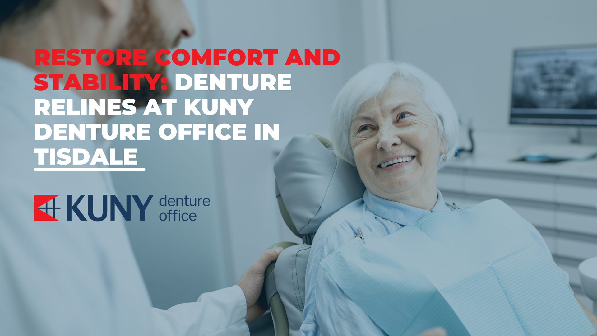 An older woman is sitting in a dental chair talking to a dentist.