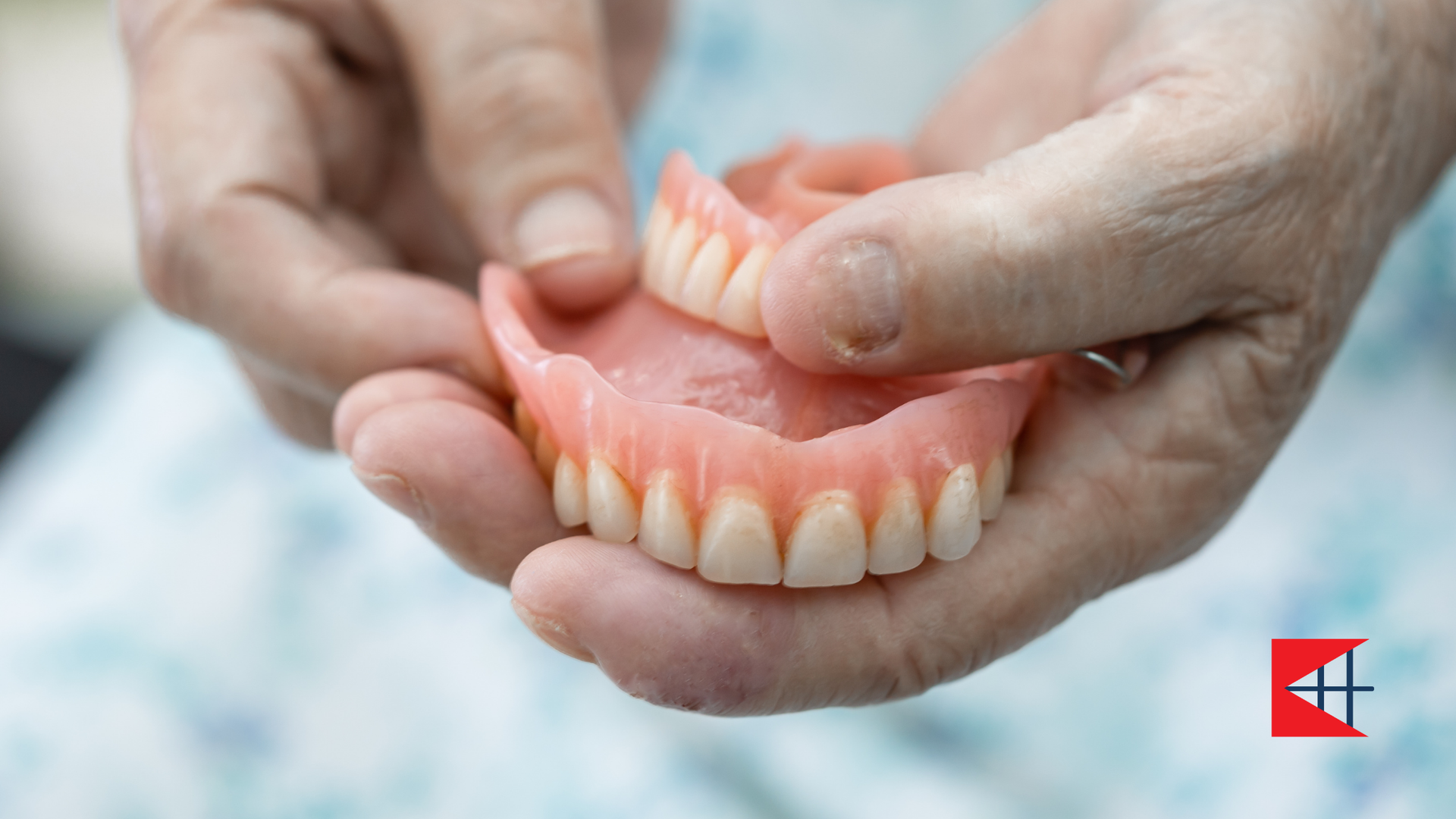 A person is holding a denture in their hands.