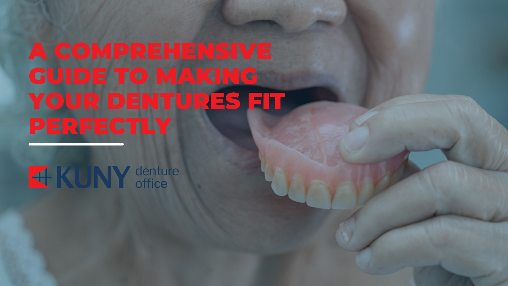 a woman is holding a denture in her hand with the words a comprehensive guide to making your dentures fit perfectly
