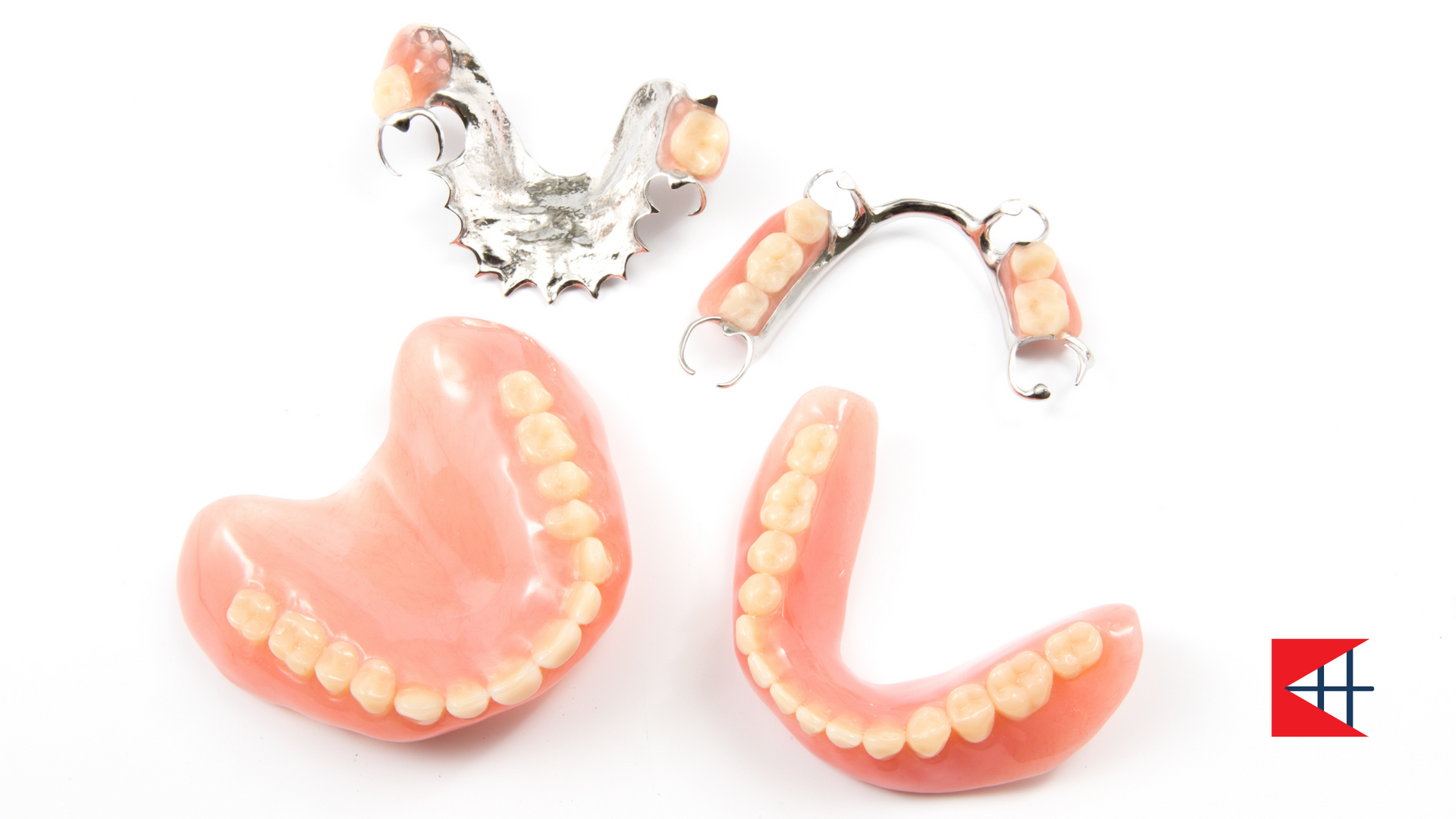 There are three different types of dentures on a white background.