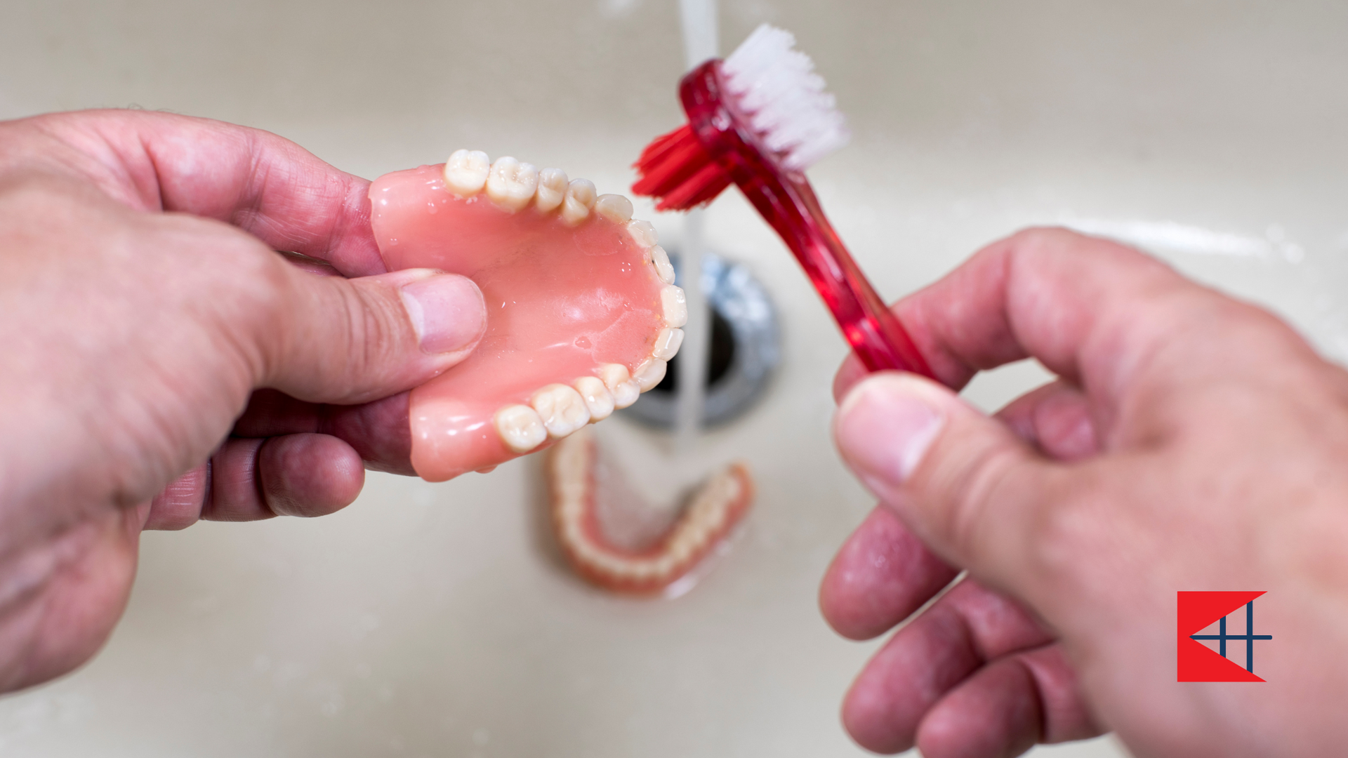 A person is brushing a denture with a toothbrush in a sink.