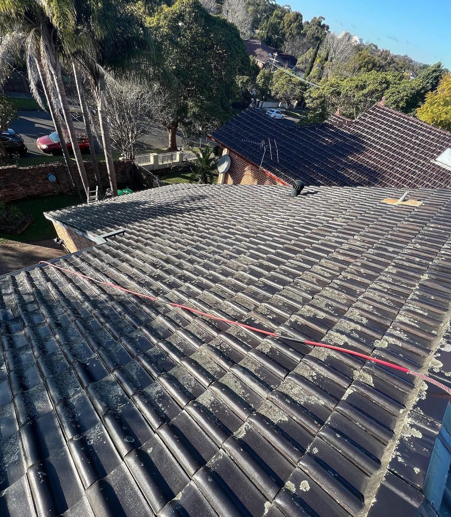 Person on a dark, mossy tiled roof in a residential area, with a safety rope.