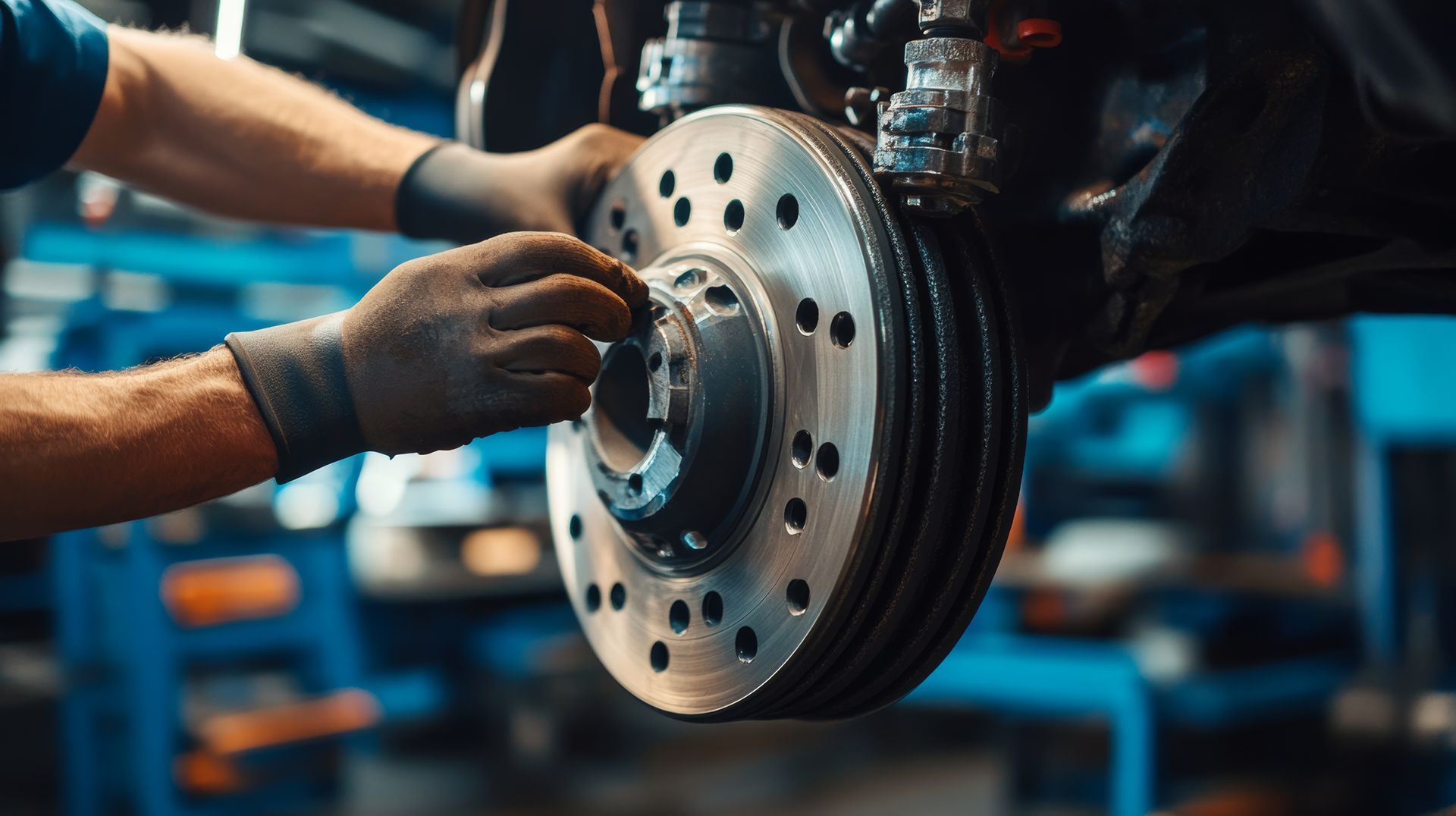 Mechanic installing a performance brake rotor at a professional auto repair shop for safety. Mechanic installing a performance brake rotor at a professional auto repair shop for safety.