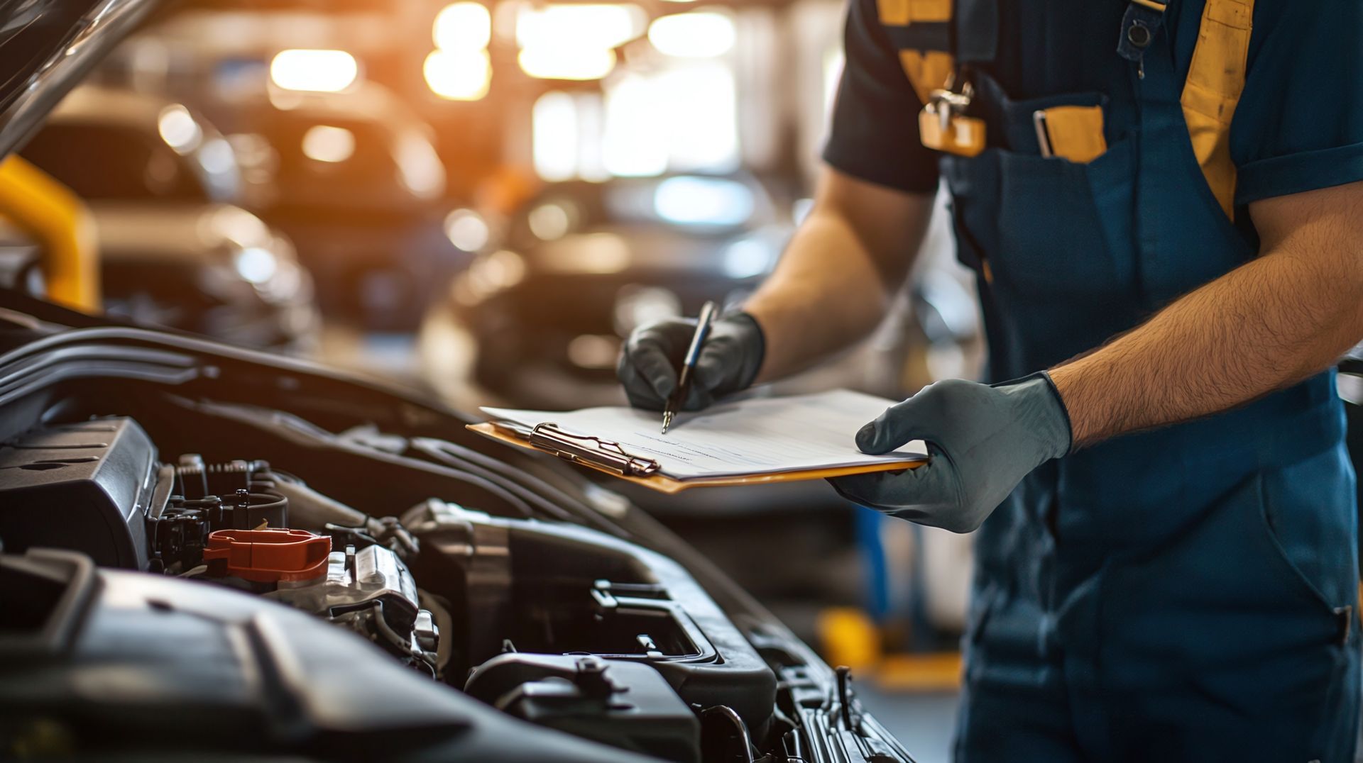 Technician filling out a service checklist for a car engine at a local auto repair shop. Technician filling out a service checklist for a car engine at a local auto repair shop.