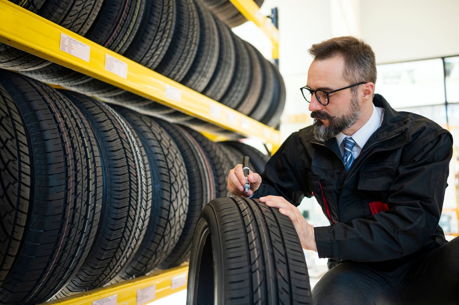 Man inspecting tread depth on new tires in showroom with shelves full of rubber tire stock.
