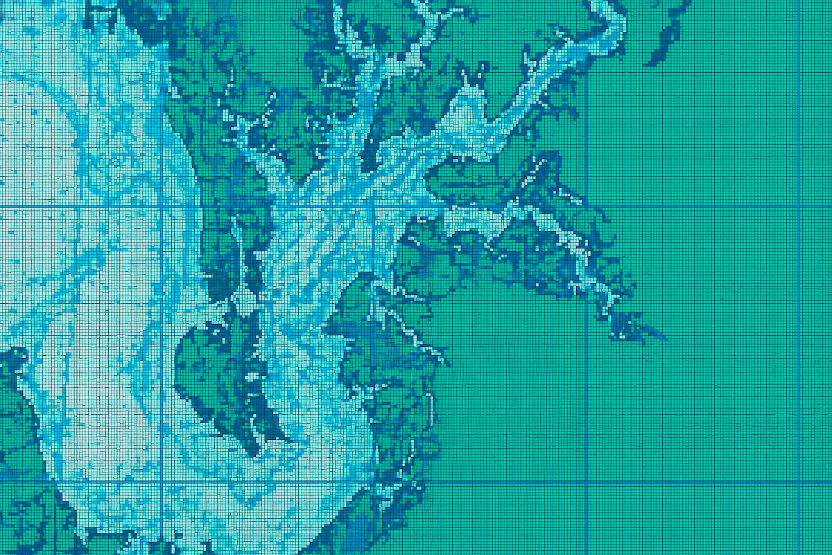 Pixel teal and green map of the Chester River with watery forms overlayed with a grid pattern