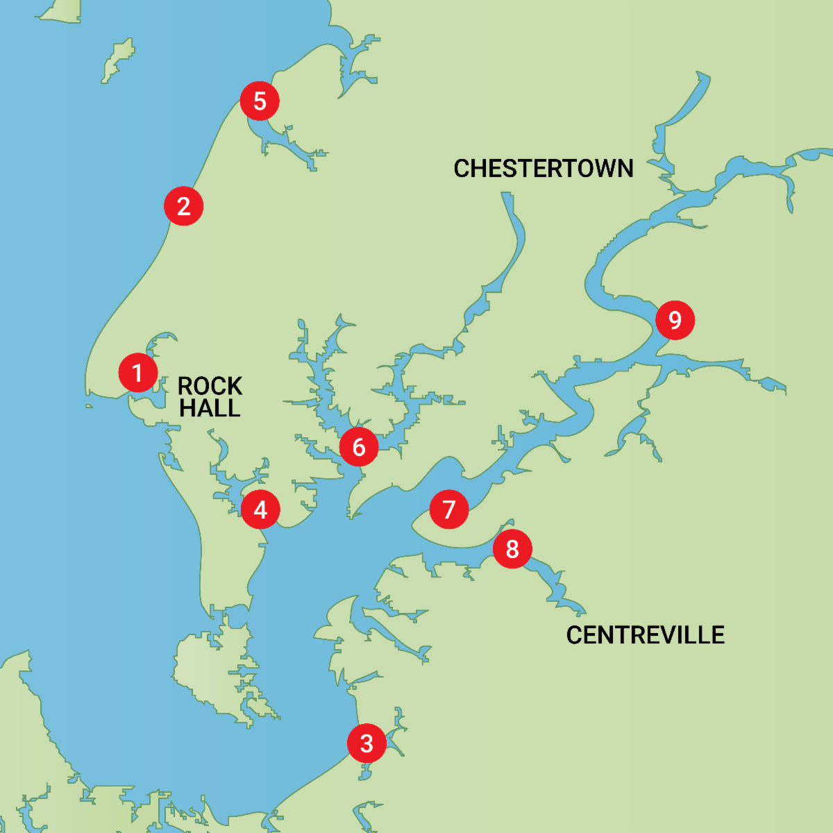 Illustrated map of the Chesapeake Bay with numbers indicating specific locations