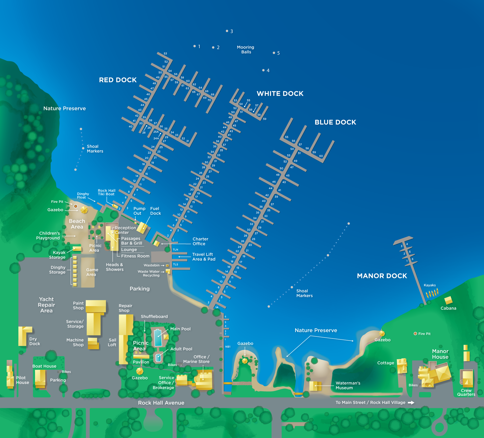 Illustrated map of marina with labels