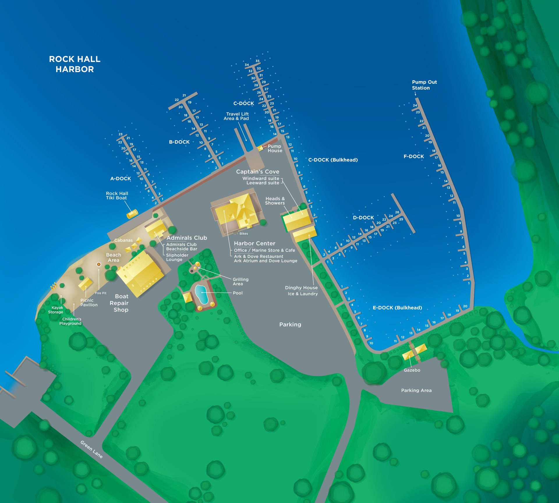 Illustrated map of marina with labels