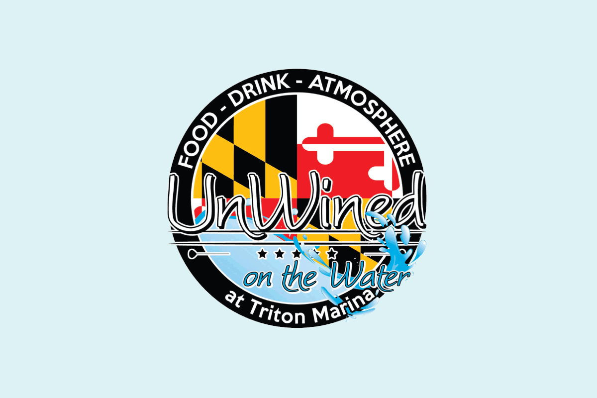 Logo for UnWined on the Water restaurant, featuring Maryland flag and a pale teal background