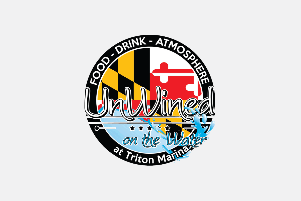 Logo for UnWined on the Water restaurant, featuring Maryland flag and a pale teal background