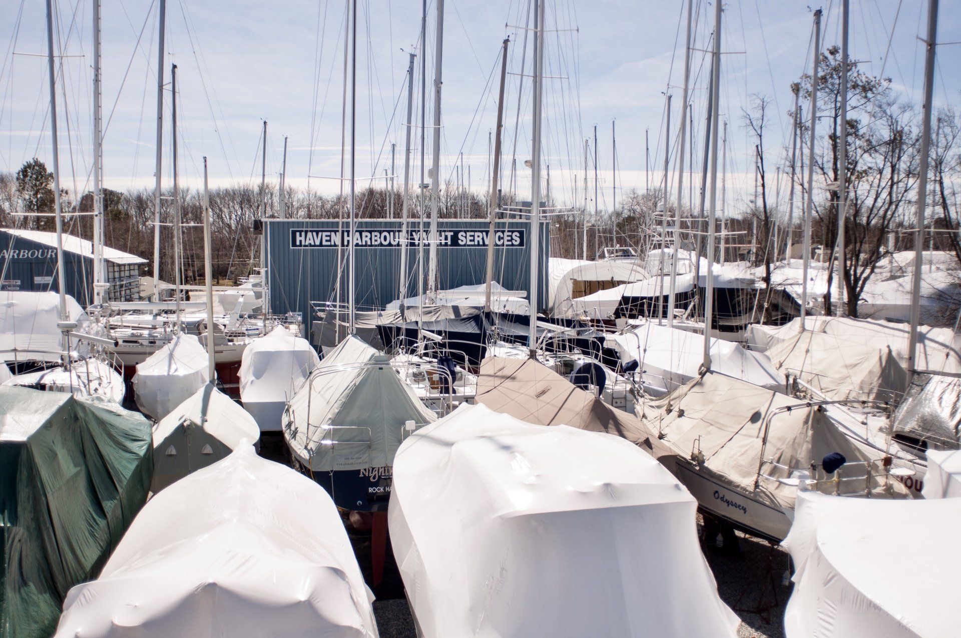 Boatyard with boats on land for winter storage