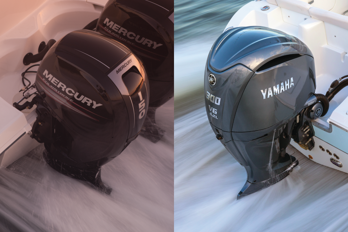 Mercury and Yamaha outboards pictured on moving boats