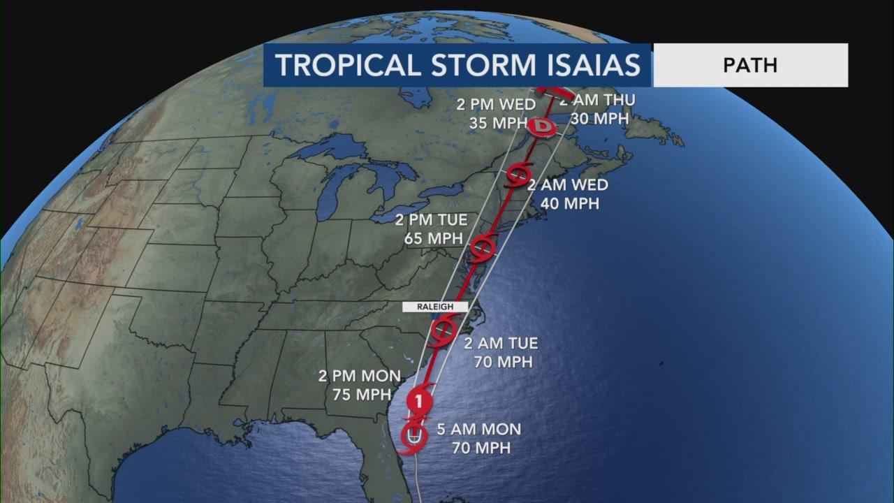 Illustration of the projected path of Tropical Storm Isaias up the Eastern Seaboard in August 2020