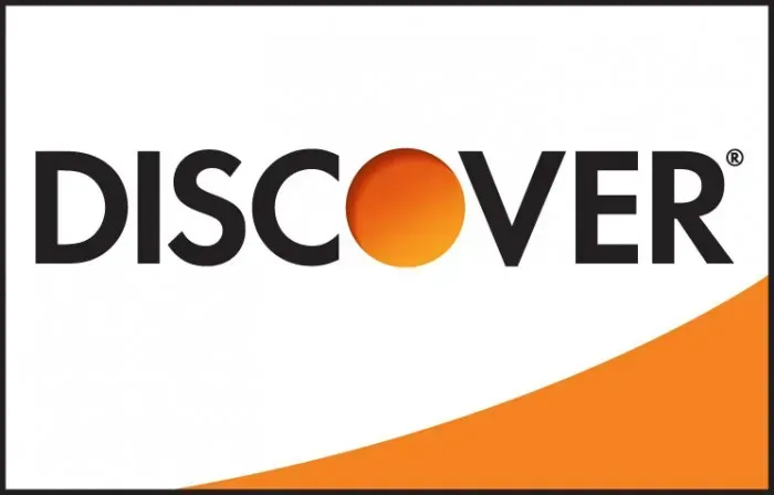 Discover credit card logo. Black text, orange circle, orange curve on white background.