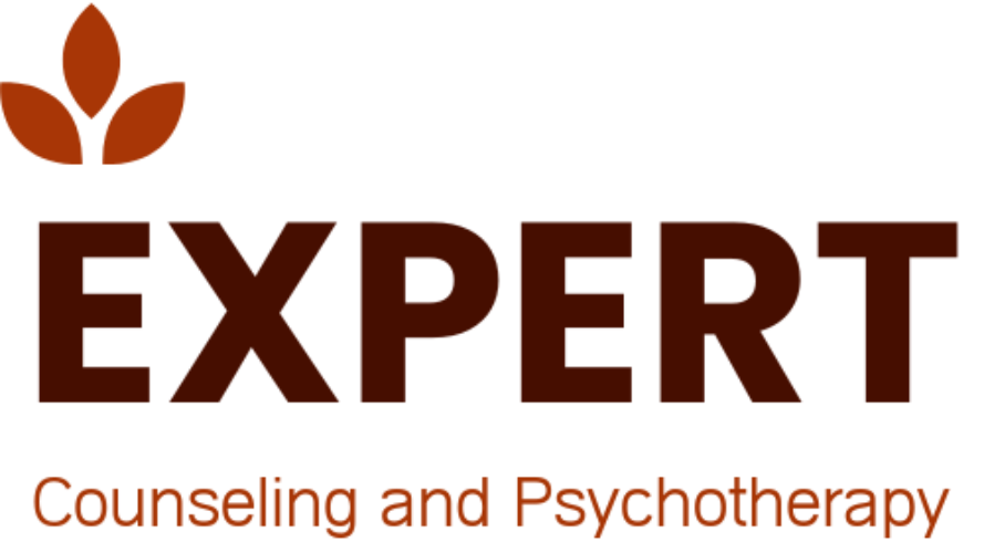 Logo of Expert Counseling and Psychotherapy with brown text and leaves.