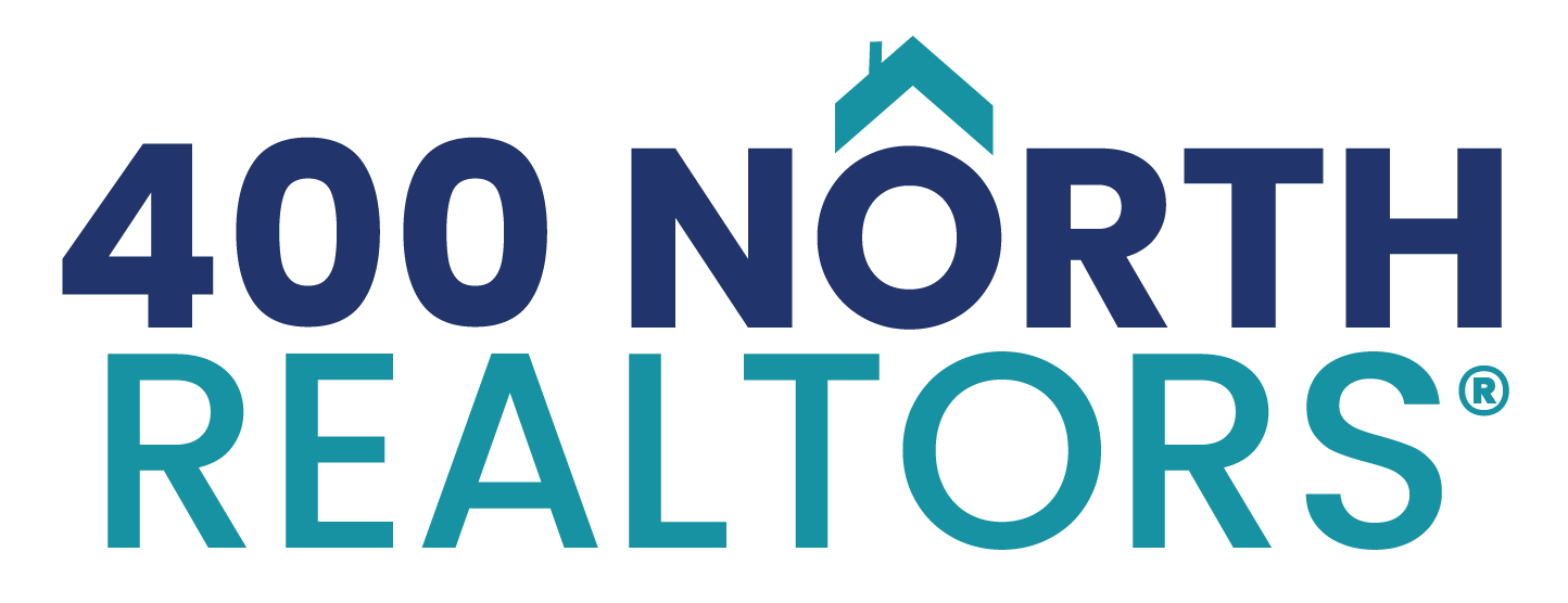 Logo for 400 North Realtors with blue text and a teal icon of a house roof above the word North.