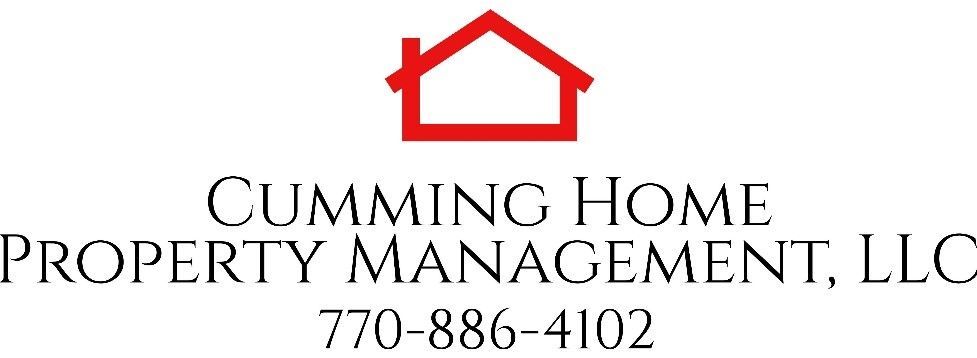 Red house icon above text for Cumming Home Property Management, LLC and phone number.