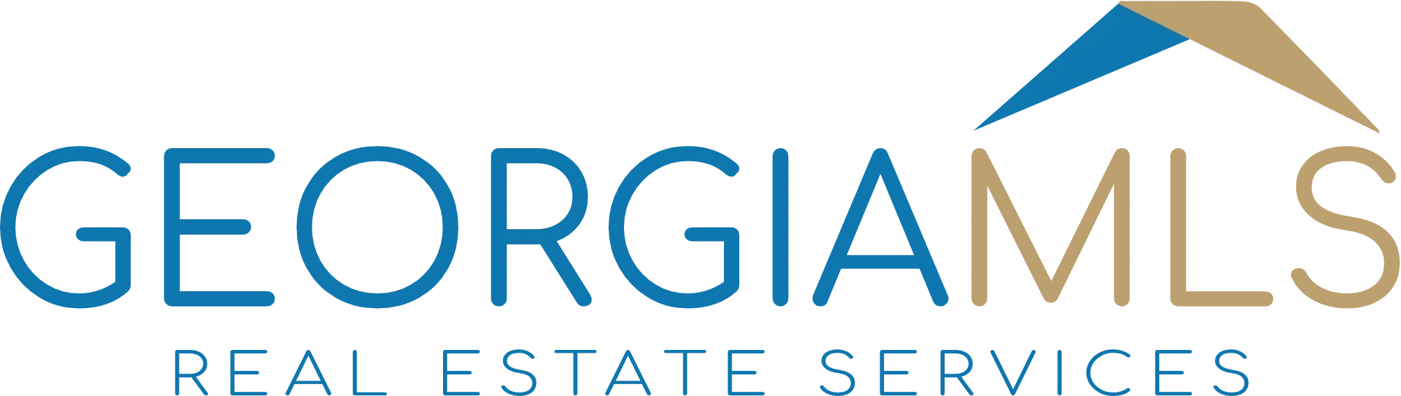 Logo for Georgia MLS Real Estate Services featuring blue and tan text with a triangular roof icon.