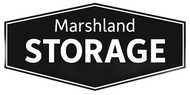 Black and white logo for Marshland Storage. Text on a dark hexagon with a white border.