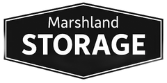 Black and white logo for Marshland Storage. Text on a dark hexagon with a white border.