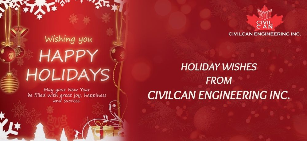 A red christmas card with the words `` wishing you happy holidays '' and `` holiday wishes from civilcan engineering inc. ''