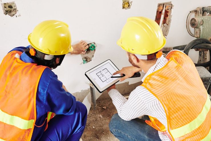 Two construction workers are looking at a tablet.