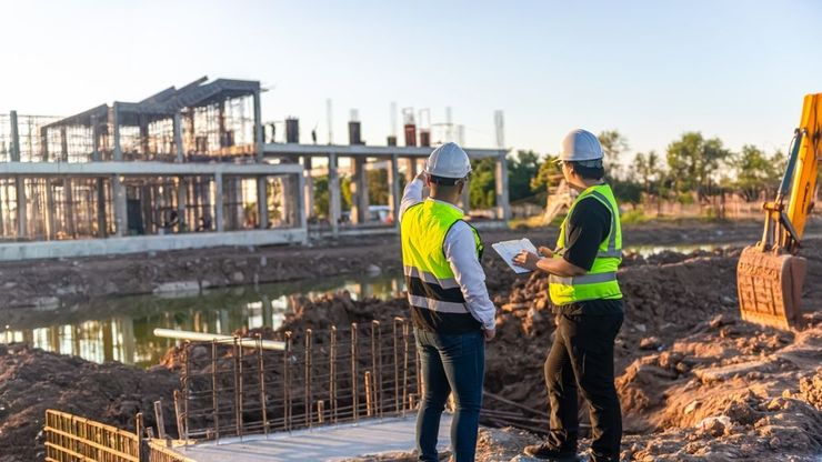 Two construction workers are standing in front of a building under construction.