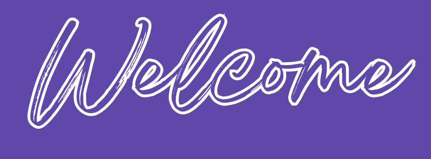 The word welcome is written in white on a purple background.