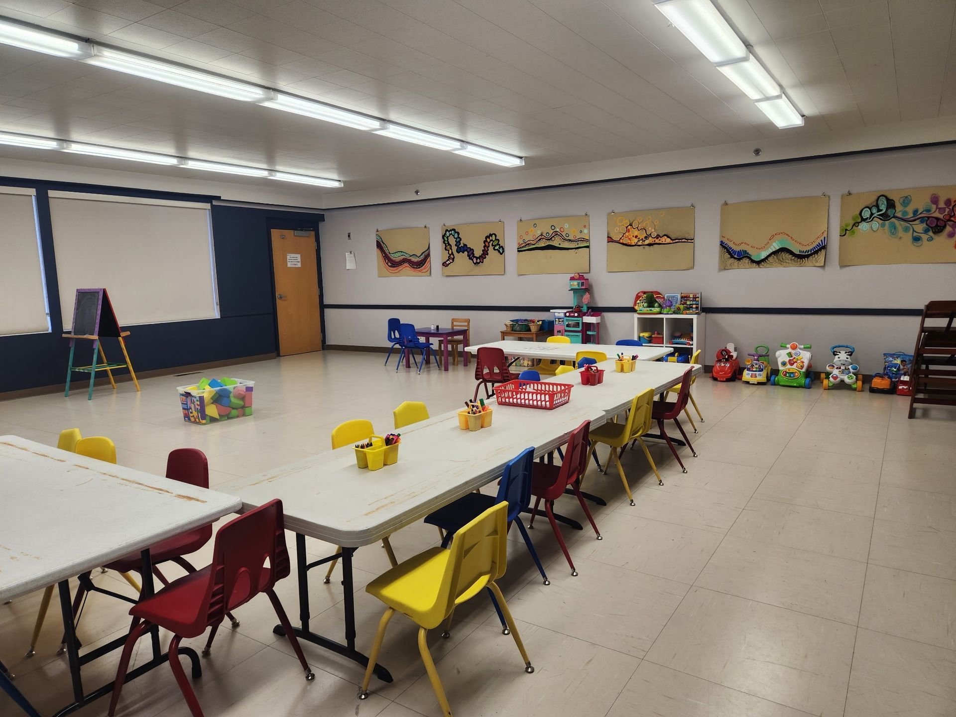 The church's empty lunchroom, ready for the Summer Lunch program.
