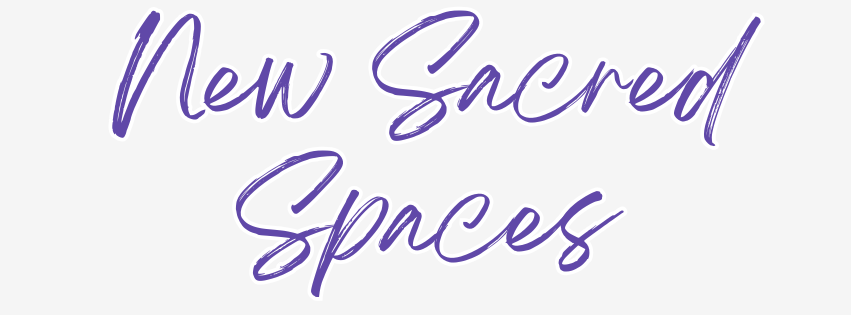 The word new sacred spaces is written in purple ink on a white background.