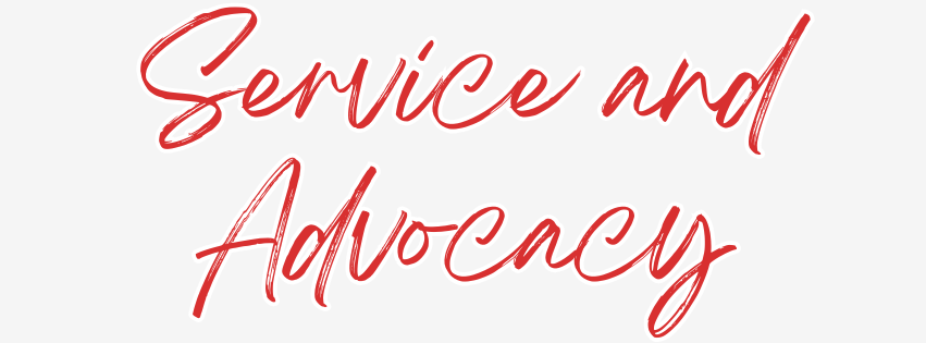 The word service and advocacy is written in red ink on a white background.
